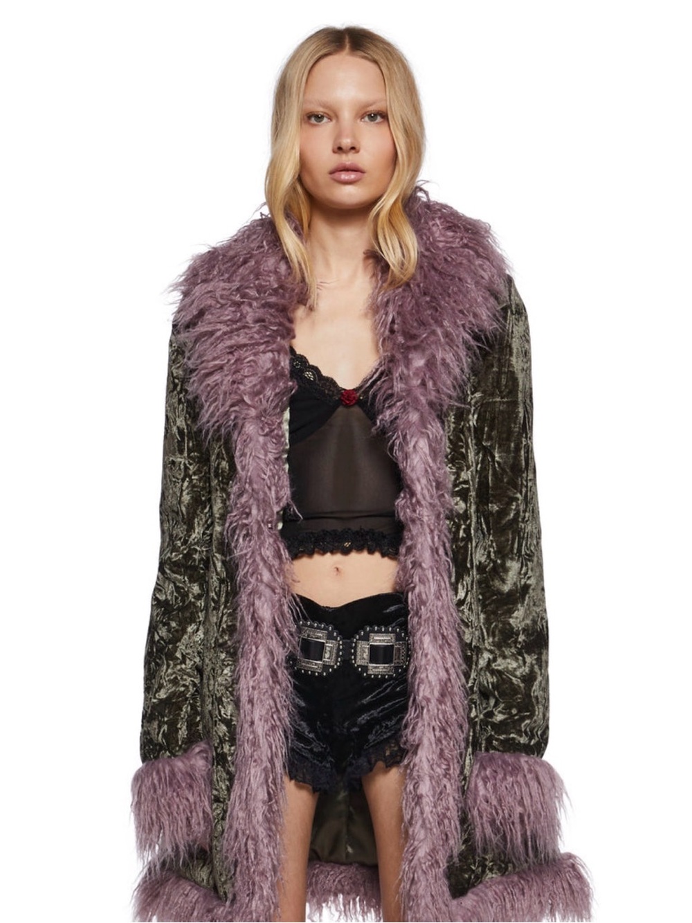 Olive Velvet Coat with Mauve Faux-Fur Trim dolls kill
